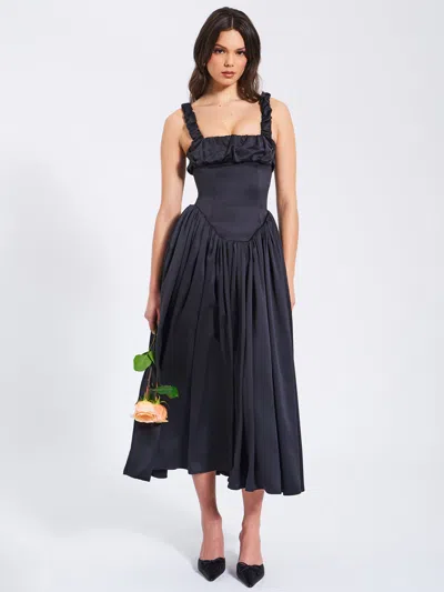 Miss Circle Women Noreen Black Satin Drop Waist Maxi Sundress In Blue