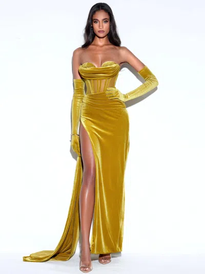 Miss Circle Women Octavia Gold Draping Crystal Corset High Slit Velvet Gown
