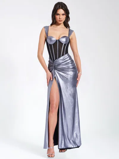 Miss Circle Women Odessa Silver Metallic Corset Maxi Dress In Blue
