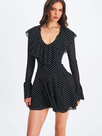 Miss Circle Women Omari Black Chiffon Polka Dot Ruffled Neckline Mini Dress