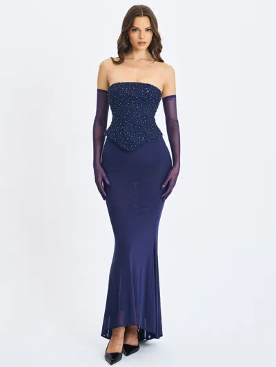 Miss Circle Women Orabelle Navy Beaded Peplum Mermaid Maxi Gown With Lace-up Back In Blue