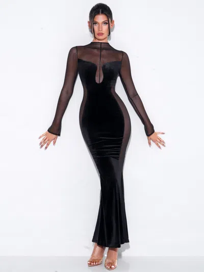 Miss Circle Women Paislee Black Velvet Mesh Long Sleeve Gown