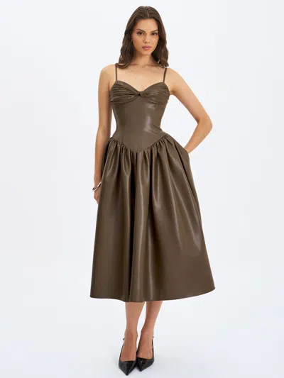 Miss Circle Women Parisia Cocoa Vegan Leather Drop Waist Midi Dress In Brown