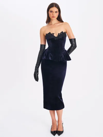 Miss Circle Pascha Lace Applique Strapless Peplum Maxi Dress In Blue