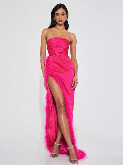 Miss Circle Women Perrin Fuchsia Pink Feather Dress High Slit Gown In Purple