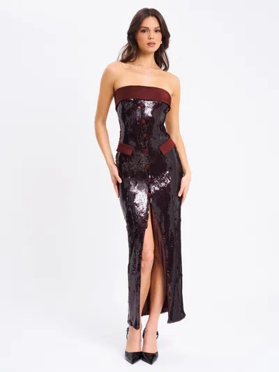 Miss Circle Women Qadira Burgundy Brown Sequin Maxi Pencil Dress In Black