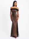 Miss Circle Women Qeturah Embroidered Sequin Off Shoulder Mesh Gown In Black