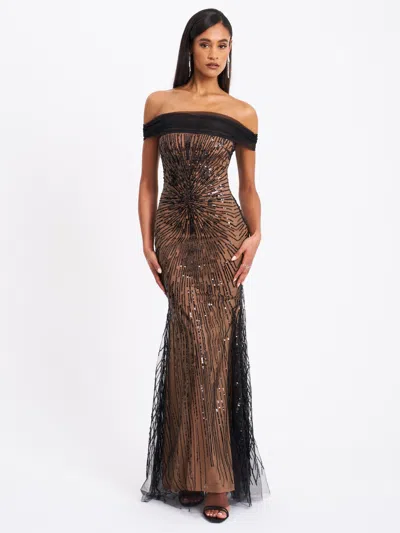 Miss Circle Women Qeturah Embroidered Sequin Off Shoulder Mesh Gown In Black