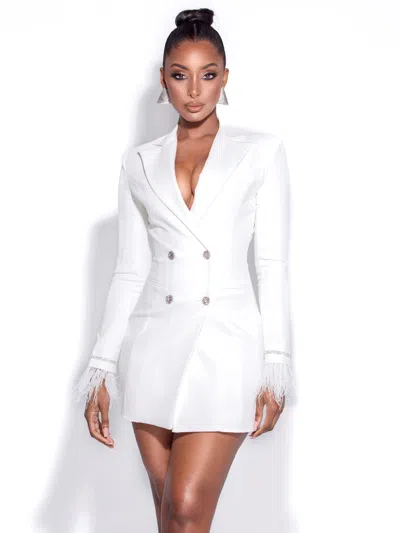 Miss Circle Women Quilla White Feather Crystal Sleeve Backless Blazer Dress