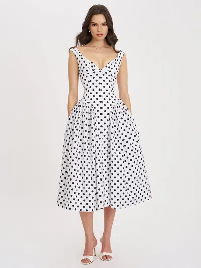 Miss Circle Women Rahma Polka Dot Drop Waist Midi Cotton Poplin Dress In White