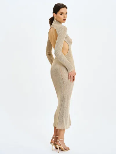 Miss Circle Women Shay Gold Stretch Knit Backless Long Sleeve Maxi Dress