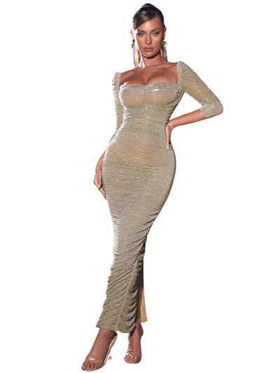 Miss Circle Women Sorrel Gold Ruched Chiffon Long Maxi Dress In Gray