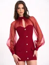 Miss Circle Women Tabitha Burgundy Mesh Lantern Sleeve Mini Dress In Burgundy