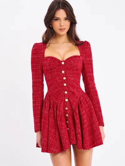 Miss Circle Women Tae Red Tweed Long Sleeve Drop Waist Mini Dress