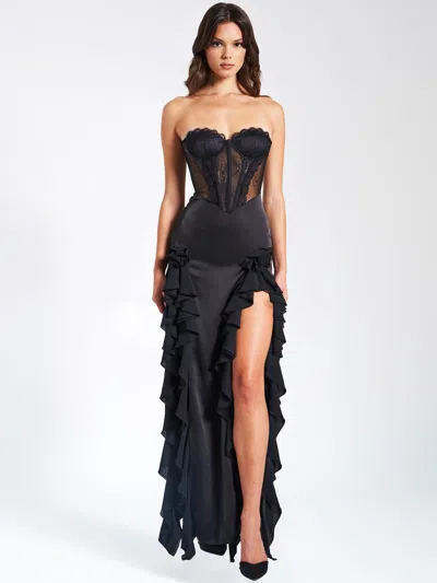 Miss Circle Women Talia Black Satin Lace Corset Maxi Dress