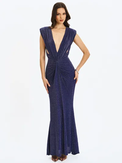 Miss Circle Women Terri Navy Sparkle Plunging Backless Maxi Dress In Blue