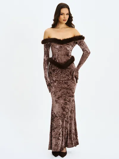 Miss Circle Women Tessa Coffee Sweetheart Bardot Faux Fur Velvet Mermaid Maxi Dress In Brown