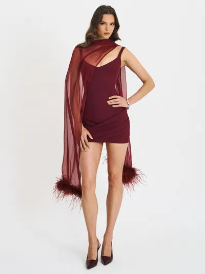 Miss Circle Women Tori Wine Red Pleated Mini Dress With Chiffon Scarf In Brown