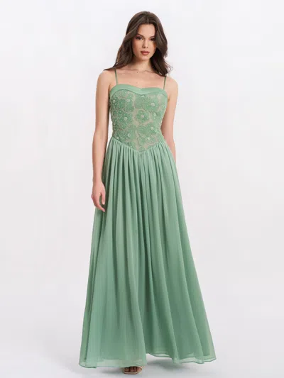 Miss Circle Women Ucille Sage Green Embroidered Chiffon Maxi Dress