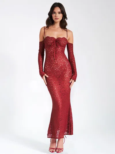 Miss Circle Women Udaya Burgundy Lace Long Sleeve Maxi Dress In Brown