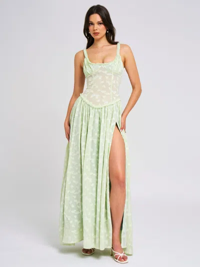 Miss Circle Women Ulissa Light Green Square Neck Jacquard Textured High Slit Maxi Dress