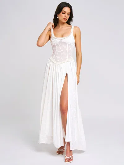 Miss Circle Women Ulissa White Square Neck Jacquard Textured High Slit Maxi Dress