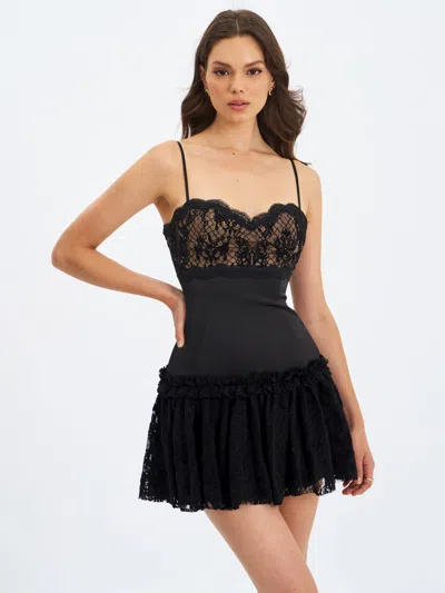 Miss Circle Women Umra Black Contrast Lace Sweetheart Gathered Mini Dress