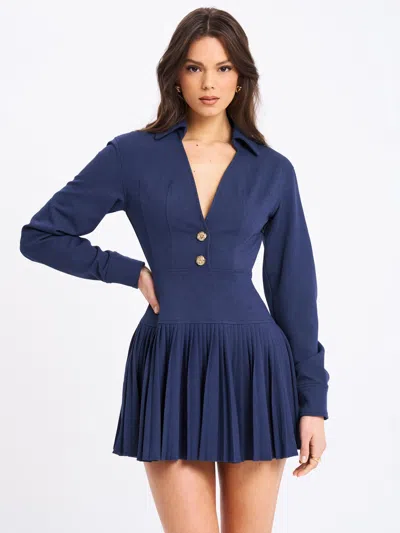 Miss Circle Women Valarie Navy Blue Denim Style Pleated Mini Dress