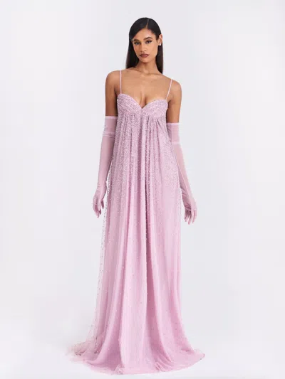 Miss Circle Women Wallie Pink Rhinestone Embellished Mesh Backless Gown In Multi