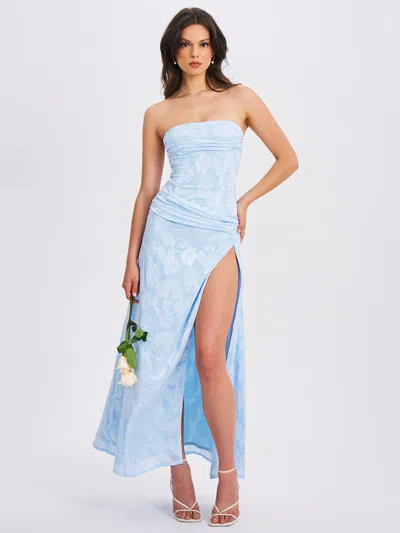 Miss Circle Women Xatia Baby Blue Jacquard Textured High Slit Maxi Dress