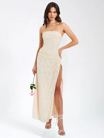 Miss Circle Women Xatia Off White Jacquard Textured High Slit Maxi Dress In Neutral