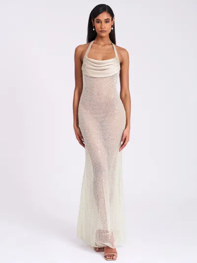 Miss Circle Women Zahya Lime Halter Backless Beaded Mesh Gown In Multi
