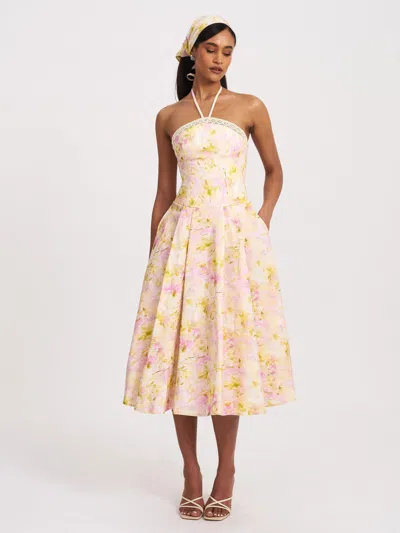 Miss Circle Women Zaina Yellow Pink Floral Print Lace Trim Linen Midi Dress