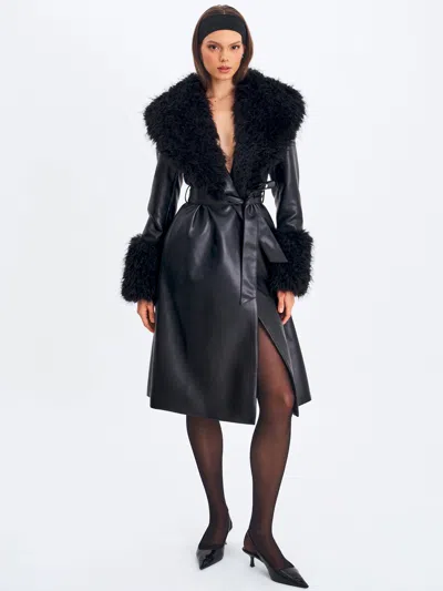 Miss Circle Women Zariah Black Faux Fur Trimmed Longline Coat
