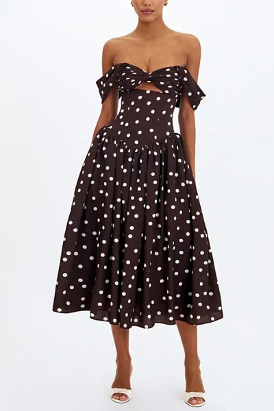 Miss Circle Xandie Polka Dot Off-shoulder Midi Dress In Mocha, Women's At Urban Outfitters In Brown