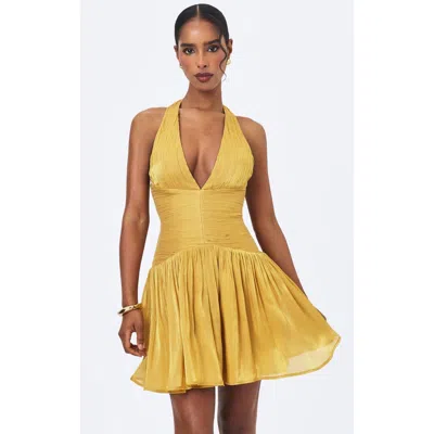 Miss Circle Xavia Crystal Organza Plunging Halter Mini Dress In Yellow