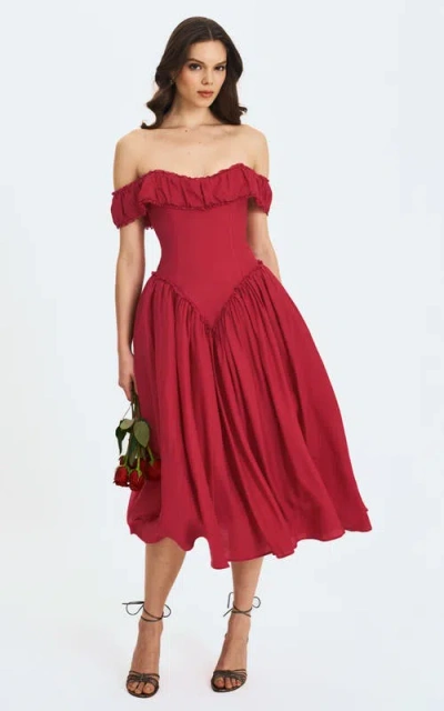 Miss Circle Xavy Drop Waist Off-shoulder Corset Midi Dress In Red