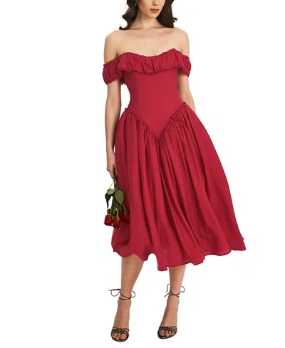 Miss Circle Xavy Drop Waist Off-shoulder Corset Midi Dress In Red