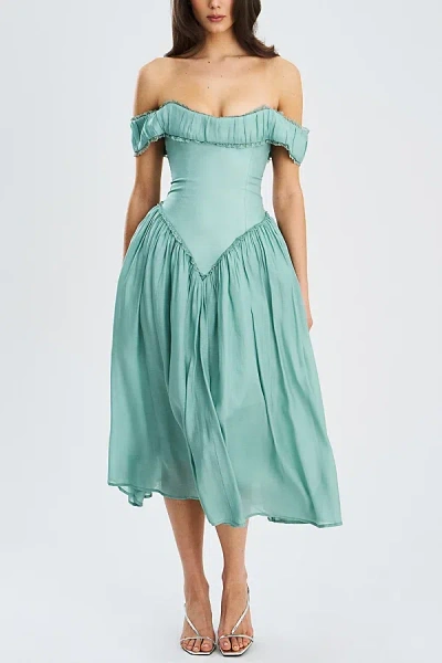 Miss Circle Xavy Off Shoulder Corset Midi Dress In Teal Green, Women's At Urban Outfitters