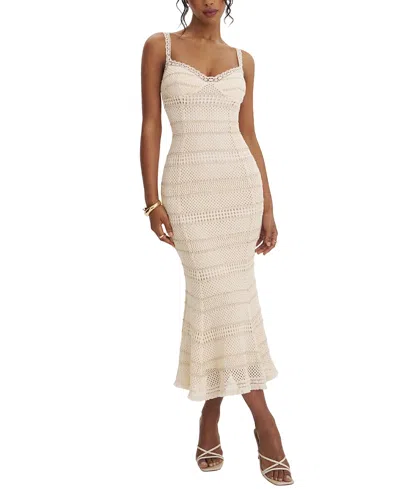 Miss Circle Xiomara Stripe Crochet Knit Mermaid Midi Dress In Neutral