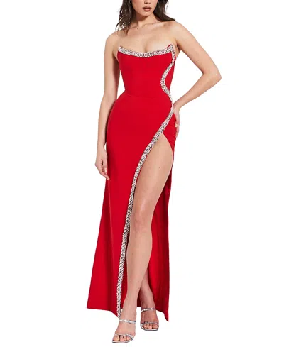 Miss Circle Xoana Strapless High Slit Crystal Embellished Gown In Red