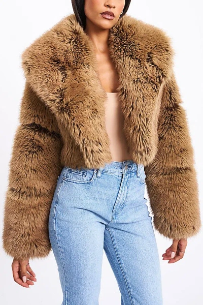 MISS CIRCLE YADAVI VEGAN FUR CROPPED JACKET IN BROWN, WOMEN'S AT URBAN OUTFITTERS