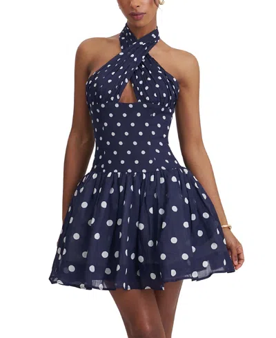 Miss Circle Yamina Polka Dot Ramie Crossover Halter Gathered Mini Dress In Black