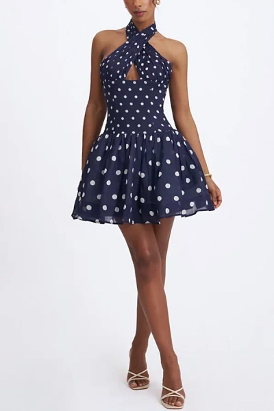 Miss Circle Yamina Polka Dot Ramie Crossover Halter Gathered Mini Dress In Navy, Women's At Urban Outfitters In Blue
