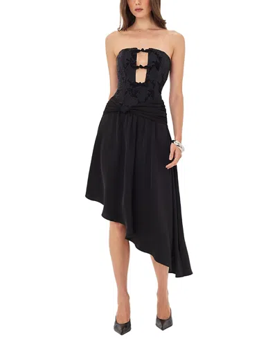 Miss Circle Yoseline Velvet Lace Cutout Asymmetrical Satin Midi Dress In Black