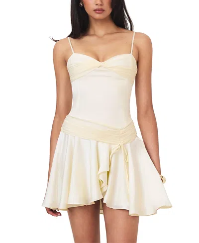 Miss Circle Yvonne Satin Asymmetrical Ruched Mini Dress In Neutral