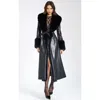 Miss Circle Zaida Full-length Vegan Leather Fur Trim Coat In Black