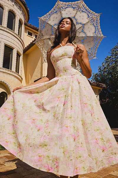 Miss Circle Zaina Floral Linen Halter Midi Dress In Yellow Pink Print, Women's At Urban Outfitters