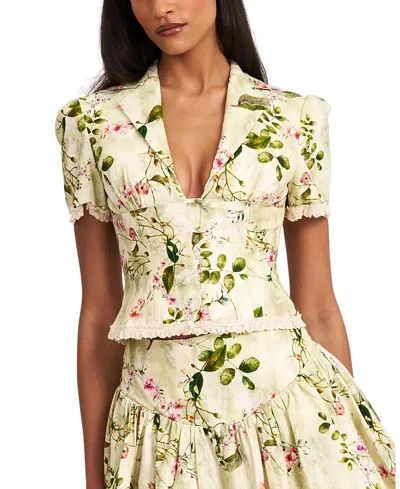 Miss Circle Zanella Floral Print Lace Trim Linen Top In Green