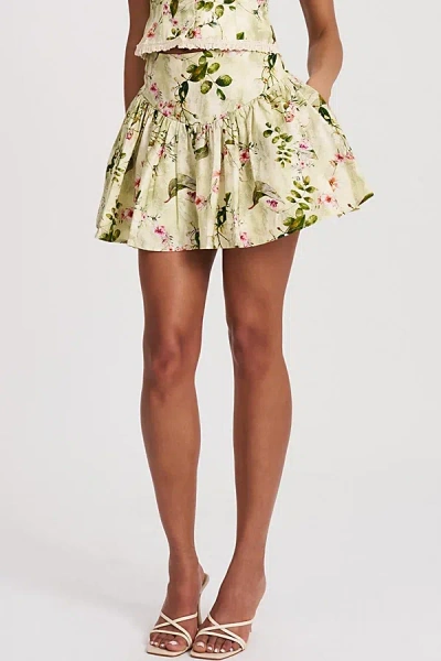 Miss Circle Zanelle Floral Drop Waist Linen Skirt In Green Floral, Women's At Urban Outfitters In Neutral